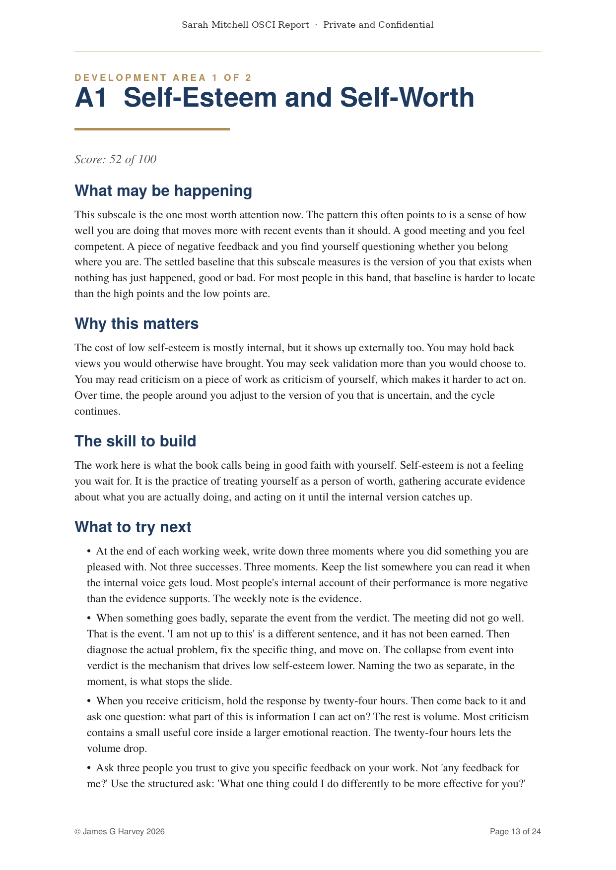 A development area page showing A1 Self-Esteem and Self-Worth, scored 52 out of 100. The page covers what may be happening, why it matters, the skill to build, and four specific things to try next.