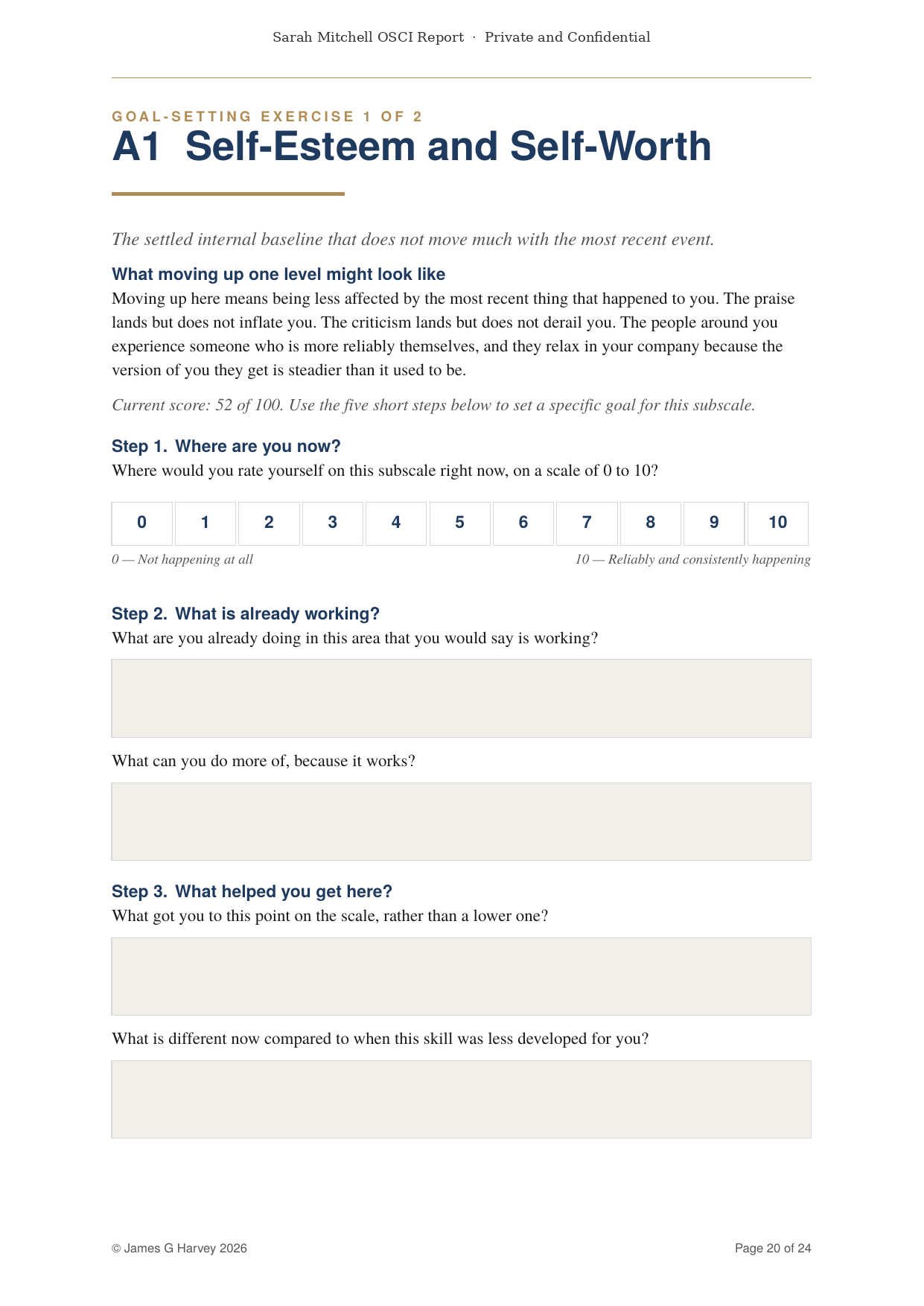 A goal-setting exercise using solution-focused scaling. Five steps: where are you now, what is already working, what helped you get here, what changes if you move up, what is the next small step.