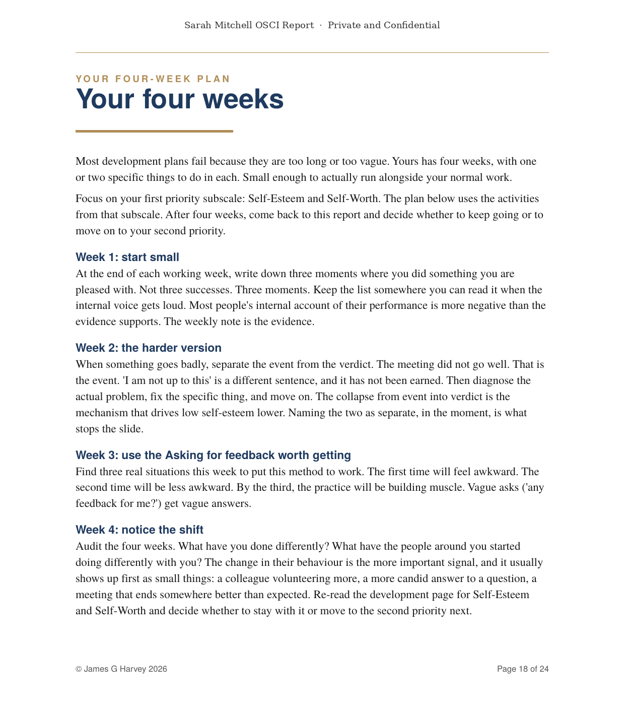 A four-week development plan. Week 1 starts small, Week 2 introduces the harder version, Week 3 uses a structured feedback method, Week 4 audits the shift.