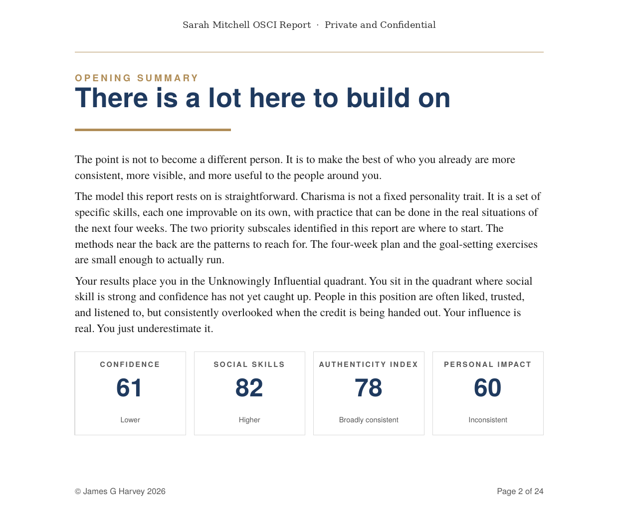 Opening summary page of the OSCI Pro report showing four scores: Confidence 61, Social Skills 82, Authenticity Index 78, Personal Impact 60.