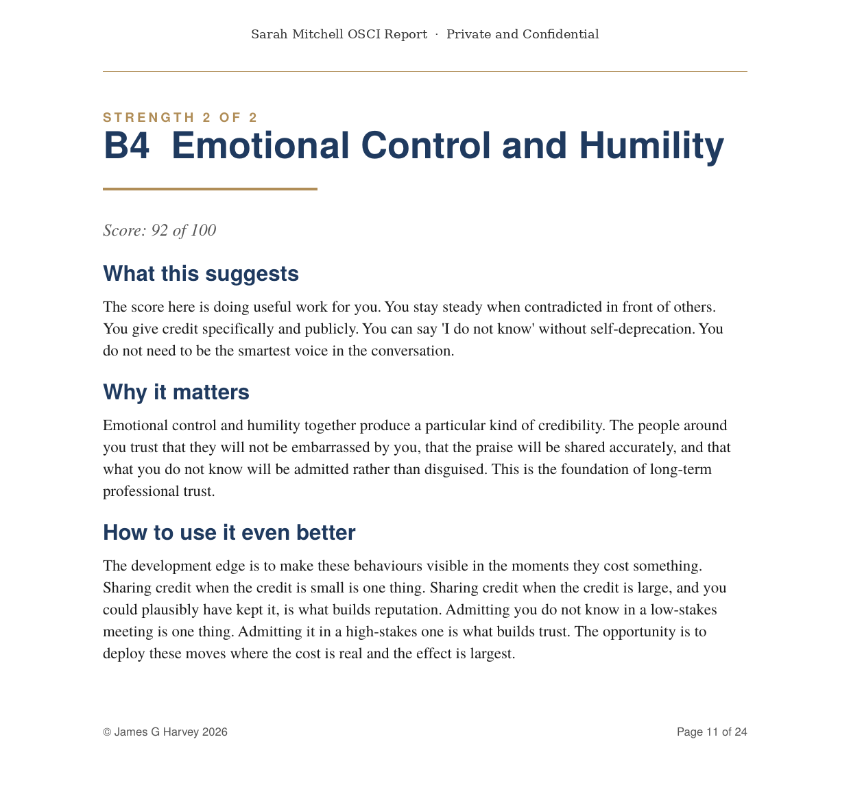 A key strength page from the report: B4 Emotional Control and Humility, scored 92 out of 100. The page describes what the score suggests, why it matters, and how to use the strength even better.