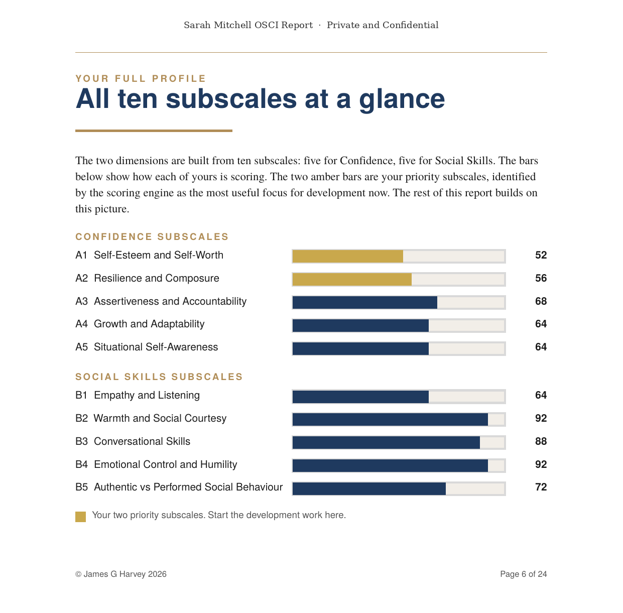 Bar chart of ten subscales scored from 52 to 92. Two amber bars mark the priority subscales for development.